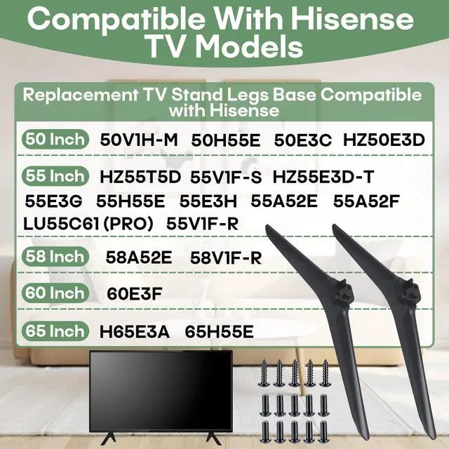 Alt view image 5 of 7 - TV Stand Legs Base Compatible with Hisense 50 55 58 60 65 Inch Smart LED TV | Tabletop TV Feet Stand Legs replacement Compatible with Hisense 50H55E 55E3G 58V1F-R H65E3A, Screws Included