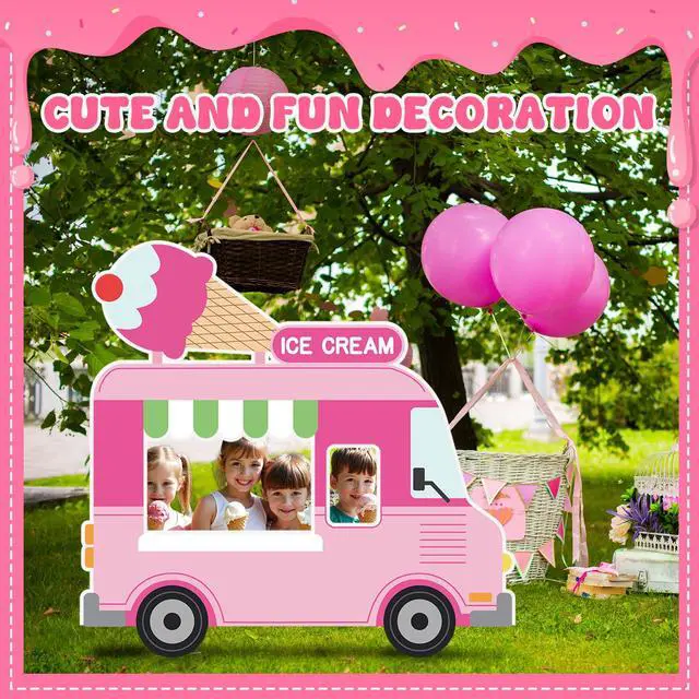 Alt view image 5 of 7 - 5.2 FT Ice Cream Truck Cardboard Cutout Ice Cream Party Decoration | Standup Photo Booth Props Backdrop for Summer Ice Cream Dessert Party Baby Shower Birthday Outdoor Decorations Backdrop
