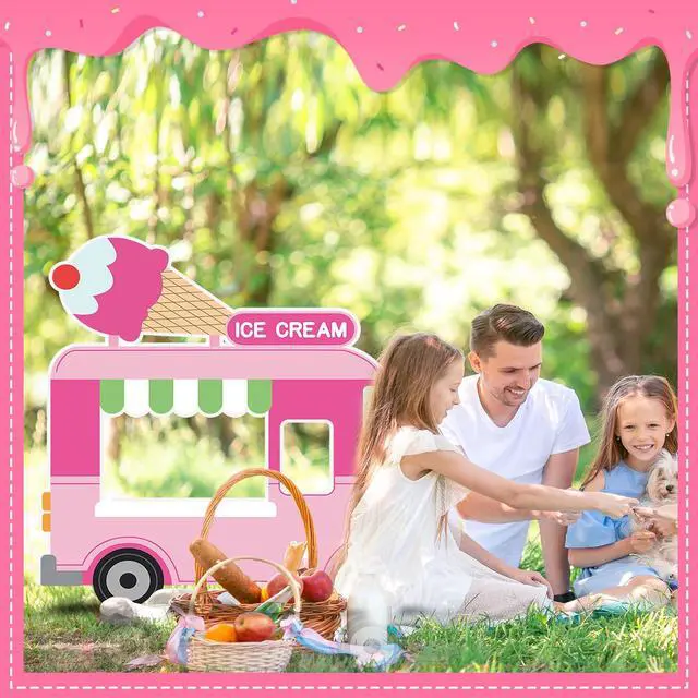 Alt view image 6 of 7 - 5.2 FT Ice Cream Truck Cardboard Cutout Ice Cream Party Decoration | Standup Photo Booth Props Backdrop for Summer Ice Cream Dessert Party Baby Shower Birthday Outdoor Decorations Backdrop