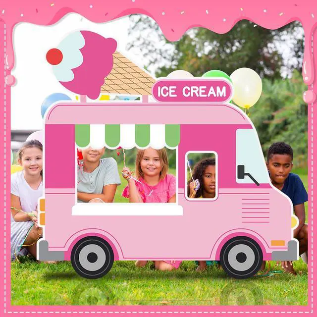 Alt view image 7 of 7 - 5.2 FT Ice Cream Truck Cardboard Cutout Ice Cream Party Decoration | Standup Photo Booth Props Backdrop for Summer Ice Cream Dessert Party Baby Shower Birthday Outdoor Decorations Backdrop