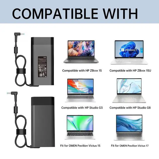 Alt view image 4 of 7 - 150W Laptop Charger Compatible with HP Zbook 15 16 17 15u 15v G3 G4 G5 G6 G7 G8 G9 Studio Firefly 15 G4 G5 G7 G8 G9 G10 G11 Victus 15 OMEN by 15 17 Pavilion Gaming 15 17 AC Adapter Power Supply Cord