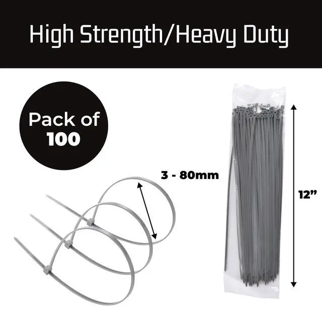 Alt view image 2 of 7 - Zip Ties Pack of 100-12'' Gray Heavy Duty Cable Ties - 40lb Strength Self-Locking Nylon Wire Ties - Weather-Resistant Zip Tie for Cable Management and Securing Various Items