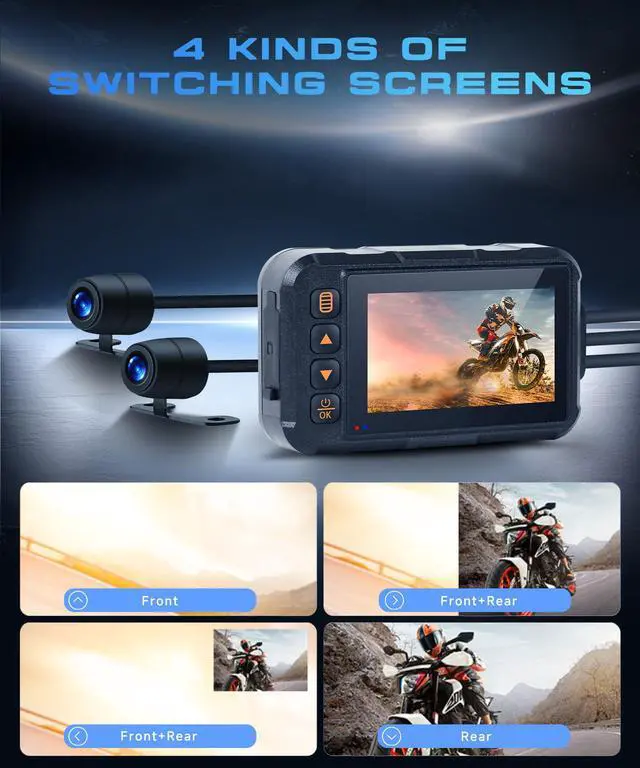 Alt view image 2 of 7 - Dual Channel Dash Cam for Motorcycle, 3" HD IPS Screen, 720P Front and 480P Rear, Parking Monitoring, G-Sensor, Motion Sensing, Loop Recording, IP67 & HDR, for All Motorcycles