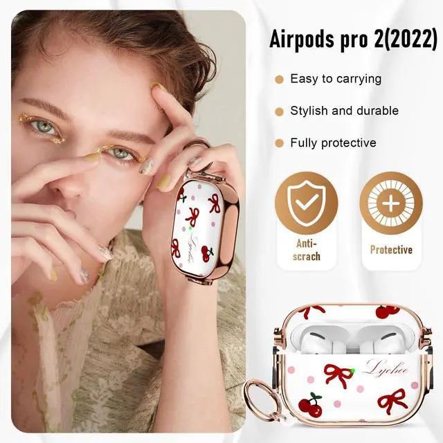 Alt view image 4 of 7 - for Cute Airpods Pro 2 case with Safety Lock,Compatible Airpods Pro Case 2nd/1st Gen,Compatible Red Bow Cherry AirPods Case Cover for Women Girly with Keychain-Transparent