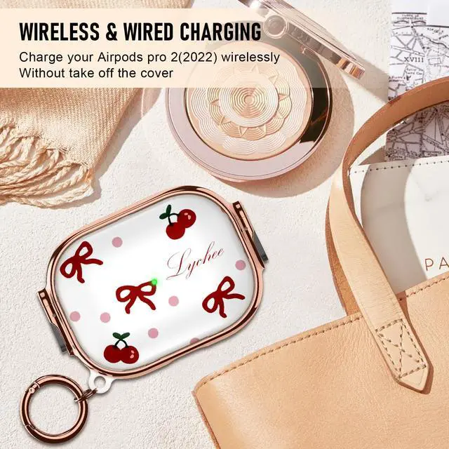 Alt view image 6 of 7 - for Cute Airpods Pro 2 case with Safety Lock,Compatible Airpods Pro Case 2nd/1st Gen,Compatible Red Bow Cherry AirPods Case Cover for Women Girly with Keychain-Transparent