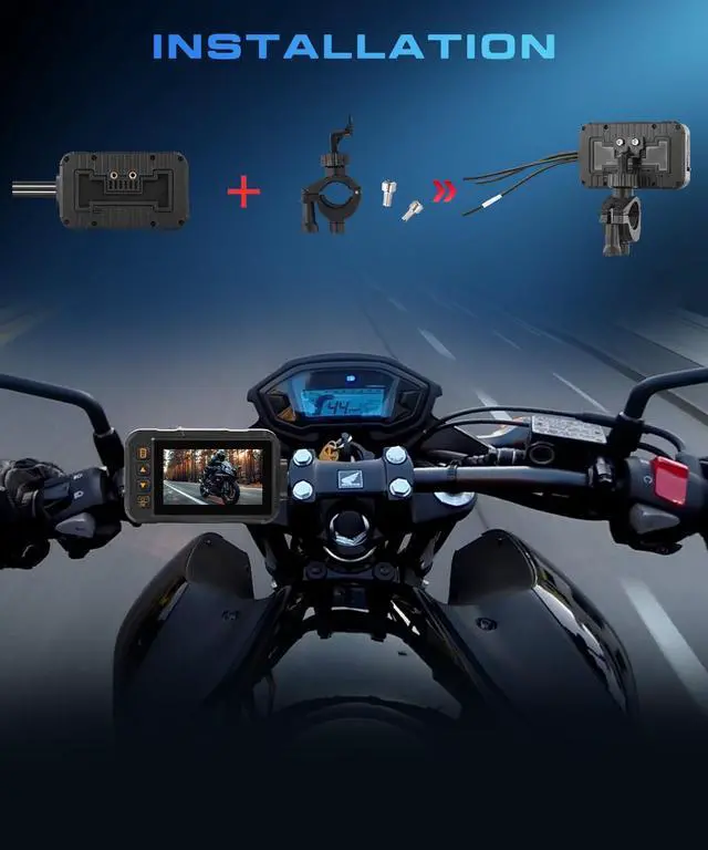 Alt view image 5 of 7 - Dual Channel Dash Cam for Motorcycle, 3" HD IPS Screen, 720P Front and 480P Rear, Parking Monitoring, G-Sensor, Motion Sensing, Loop Recording, IP67 & HDR, for All Motorcycles