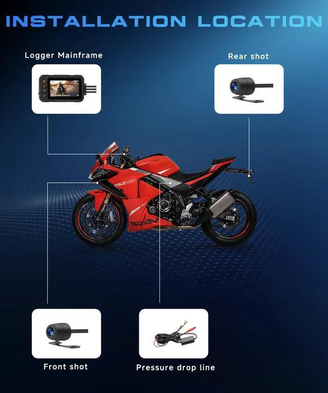 Alt view image 6 of 7 - Dual Channel Dash Cam for Motorcycle, 3" HD IPS Screen, 720P Front and 480P Rear, Parking Monitoring, G-Sensor, Motion Sensing, Loop Recording, IP67 & HDR, for All Motorcycles