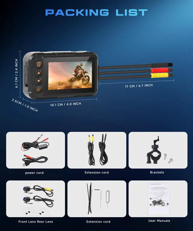 Alt view image 7 of 7 - Dual Channel Dash Cam for Motorcycle, 3" HD IPS Screen, 720P Front and 480P Rear, Parking Monitoring, G-Sensor, Motion Sensing, Loop Recording, IP67 & HDR, for All Motorcycles