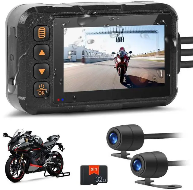 Main image of Motorcycle Dash Cam Dual HD Camera Front and Rear View,3" IPS Screen 720P IP67 Waterproof 150° Wide Angle Sportbike Recording DVR with G-Sensor,Loop Recording,Night Vision,Parking Monitor+32G SD