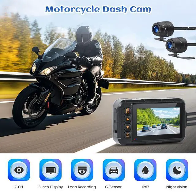 Alt view image 2 of 7 - Motorcycle Dash Cam Dual HD Camera Front and Rear View,3" IPS Screen 720P IP67 Waterproof 150° Wide Angle Sportbike Recording DVR with G-Sensor,Loop Recording,Night Vision,Parking Monitor+32G SD