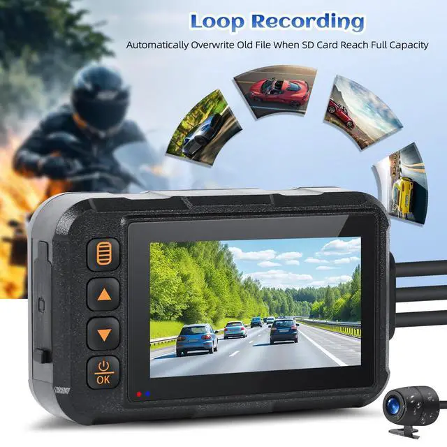 Alt view image 4 of 7 - Motorcycle Dash Cam Dual HD Camera Front and Rear View,3" IPS Screen 720P IP67 Waterproof 150° Wide Angle Sportbike Recording DVR with G-Sensor,Loop Recording,Night Vision,Parking Monitor+32G SD