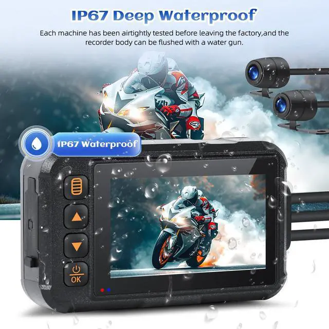 Alt view image 6 of 7 - Motorcycle Dash Cam Dual HD Camera Front and Rear View,3" IPS Screen 720P IP67 Waterproof 150° Wide Angle Sportbike Recording DVR with G-Sensor,Loop Recording,Night Vision,Parking Monitor+32G SD