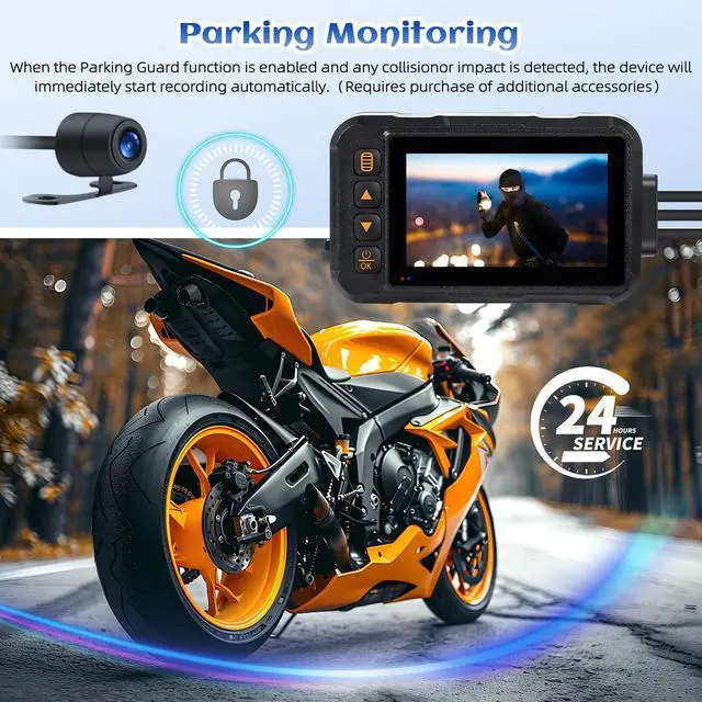Alt view image 5 of 7 - Motorcycle Dash Cam Dual HD Camera Front and Rear View,3" IPS Screen 720P IP67 Waterproof 150° Wide Angle Sportbike Recording DVR with G-Sensor,Loop Recording,Night Vision,Parking Monitor+32G SD