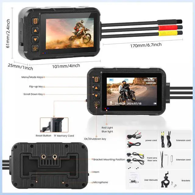 Alt view image 7 of 7 - Motorcycle Dash Cam Dual HD Camera Front and Rear View,3" IPS Screen 720P IP67 Waterproof 150° Wide Angle Sportbike Recording DVR with G-Sensor,Loop Recording,Night Vision,Parking Monitor+32G SD