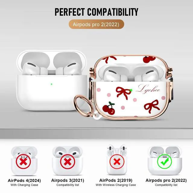 Alt view image 7 of 7 - for Cute Airpods Pro 2 case with Safety Lock,Compatible Airpods Pro Case 2nd/1st Gen,Compatible Red Bow Cherry AirPods Case Cover for Women Girly with Keychain-Transparent
