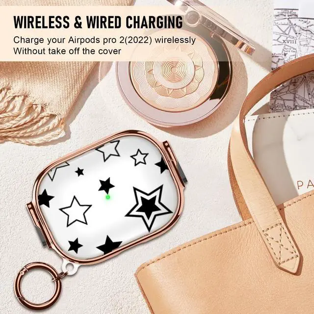 Alt view image 6 of 7 - for Cute Airpods Pro 2 case with Safety Lock,Compatible Airpods Pro Case 2nd/1st Gen,Compatible Black Five Pointed Star AirPods Case Cover for Women Girly with Keychain-Transparent