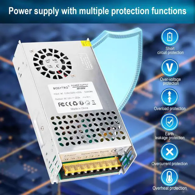 Alt view image 6 of 7 - 48V 12.5A 600W DC Switching Power Supply, Universal Regulated Switching AC110V/220V (SMPS),48 Volt Power Supply for LED Light Strip,Lighting Equipment, Camera Security System,Computer Project