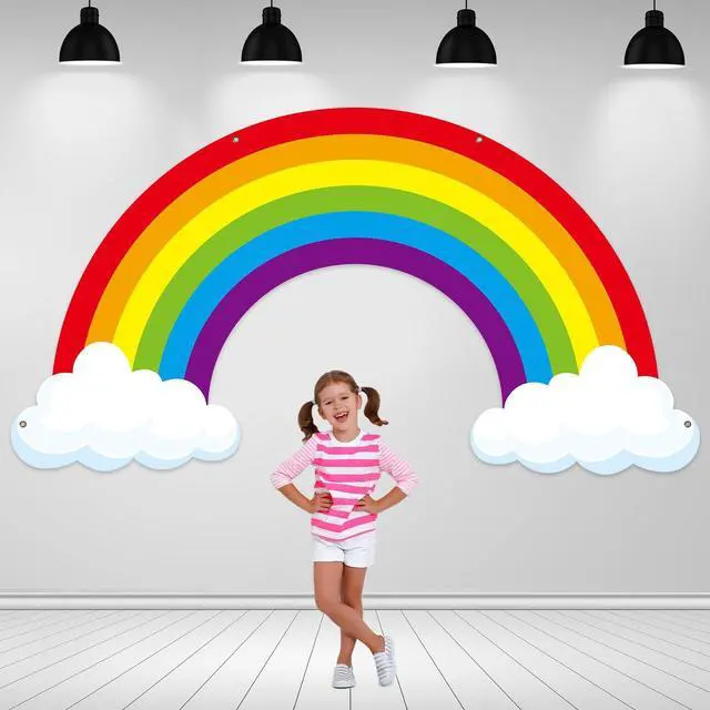 Main image of 9.8X5.3Ft Long Rainbow Backdrop VBS Rainbow Themed Photo Booth Wall Decor Rainforest Falls Photo Background Happy Birthday Banner Cloud Bulletin Board for Jungle Baby Shower Indoor Outdoor Supplies