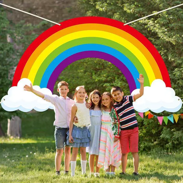 Alt view image 4 of 6 - 9.8X5.3Ft Long Rainbow Backdrop VBS Rainbow Themed Photo Booth Wall Decor Rainforest Falls Photo Background Happy Birthday Banner Cloud Bulletin Board for Jungle Baby Shower Indoor Outdoor Supplies