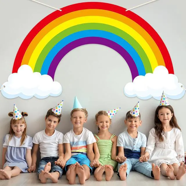 Alt view image 6 of 6 - 9.8X5.3Ft Long Rainbow Backdrop VBS Rainbow Themed Photo Booth Wall Decor Rainforest Falls Photo Background Happy Birthday Banner Cloud Bulletin Board for Jungle Baby Shower Indoor Outdoor Supplies
