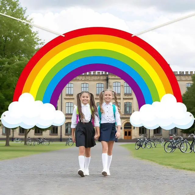 Alt view image 5 of 6 - 9.8X5.3Ft Long Rainbow Backdrop VBS Rainbow Themed Photo Booth Wall Decor Rainforest Falls Photo Background Happy Birthday Banner Cloud Bulletin Board for Jungle Baby Shower Indoor Outdoor Supplies