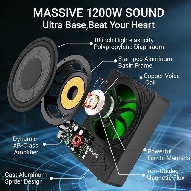 Alt view image 2 of 7 - Powered Underseat Subwoofer Amp RGB, fits Car/Truck, 10" 1200W | Slim powered sub and amp combo for car or truck. Adjustable bass boost, gain & low pass. Beat-synced RGB lighting