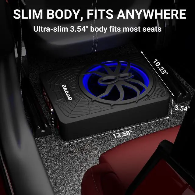Alt view image 3 of 7 - Powered Underseat Subwoofer Amp RGB, fits Car/Truck, 10" 1200W | Slim powered sub and amp combo for car or truck. Adjustable bass boost, gain & low pass. Beat-synced RGB lighting