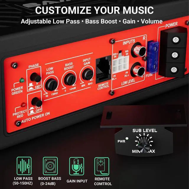 Alt view image 4 of 7 - Powered Underseat Subwoofer Amp RGB, fits Car/Truck, 10" 1200W | Slim powered sub and amp combo for car or truck. Adjustable bass boost, gain & low pass. Beat-synced RGB lighting