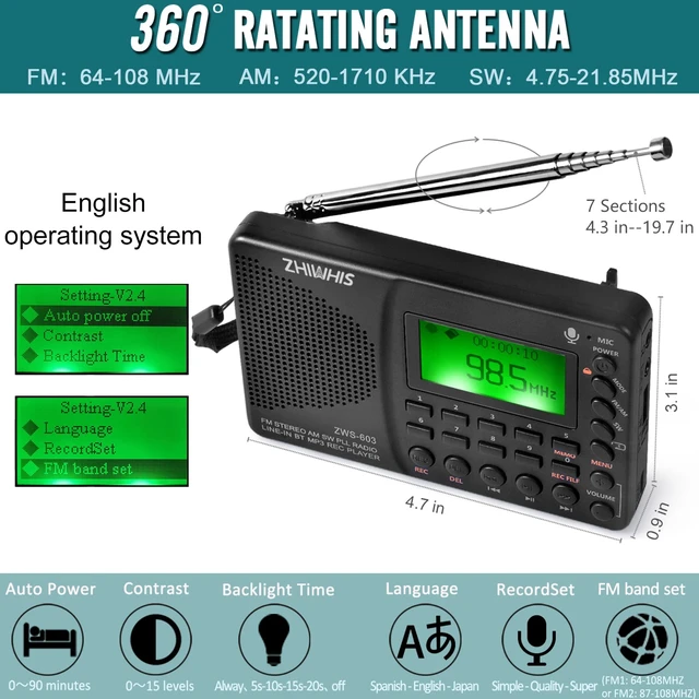 Alt view image 2 of 7 - Portable Bluetooth Radio, FM AM Shortwave Radios with Sleep Timer and Preset Function, Rechargeable Digital Recorder, Stereo MP3 Player with Lyric Display, Support Micro SD Card and AUX