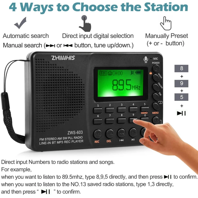 Alt view image 3 of 7 - Portable Bluetooth Radio, FM AM Shortwave Radios with Sleep Timer and Preset Function, Rechargeable Digital Recorder, Stereo MP3 Player with Lyric Display, Support Micro SD Card and AUX