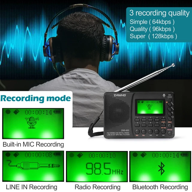 Alt view image 6 of 7 - Portable Bluetooth Radio, FM AM Shortwave Radios with Sleep Timer and Preset Function, Rechargeable Digital Recorder, Stereo MP3 Player with Lyric Display, Support Micro SD Card and AUX