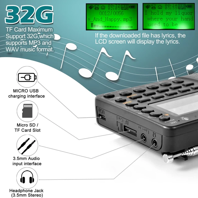 Alt view image 5 of 7 - Portable Bluetooth Radio, FM AM Shortwave Radios with Sleep Timer and Preset Function, Rechargeable Digital Recorder, Stereo MP3 Player with Lyric Display, Support Micro SD Card and AUX