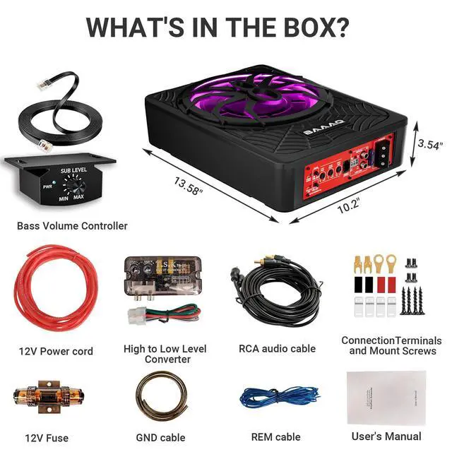 Alt view image 7 of 7 - Powered Underseat Subwoofer Amp RGB, fits Car/Truck, 10" 1200W | Slim powered sub and amp combo for car or truck. Adjustable bass boost, gain & low pass. Beat-synced RGB lighting