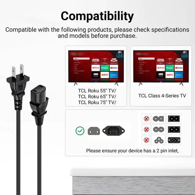 Alt view image 2 of 7 - 4.9Ft AC Power Cord Compatible with TCL Roku 55 65 75 Class 6 Series 4K Smart TV Series R635 55R635 65R625 65R635 75R635 75S431 75S435 75-R635 Mini-LED QLED Dolby Vision HDR
