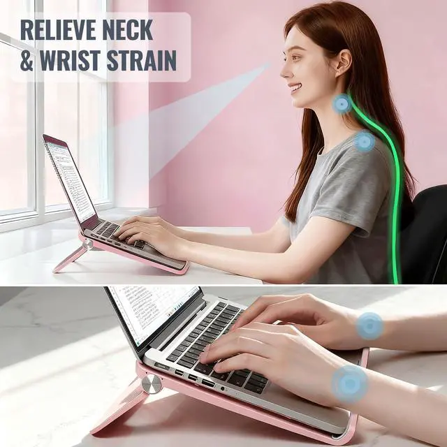 Alt view image 2 of 6 - Cute Pink Laptop Stand for Desk - Adjustable Foldable Laptop Riser, Fun White Elephant for Women Coworkers, Ventilated & Sturdy with Anti-Slip Pads for MacBook, Home, Office