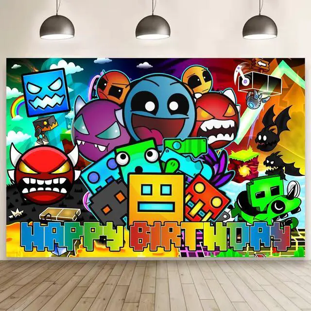 Main image of Cartoon Geometry Aesthetic Dash Polyester Backdrop for Birthday Party Decorations, Happy Birthday Banner Background for Dragon Birthday Party Supplies (5x3ft)