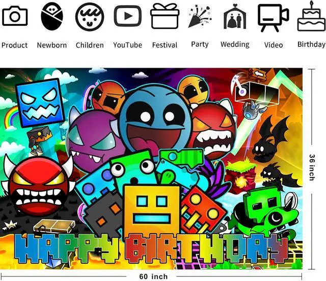 Alt view image 2 of 4 - Cartoon Geometry Aesthetic Dash Polyester Backdrop for Birthday Party Decorations, Happy Birthday Banner Background for Dragon Birthday Party Supplies (5x3ft)