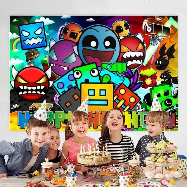 Alt view image 3 of 4 - Cartoon Geometry Aesthetic Dash Polyester Backdrop for Birthday Party Decorations, Happy Birthday Banner Background for Dragon Birthday Party Supplies (5x3ft)