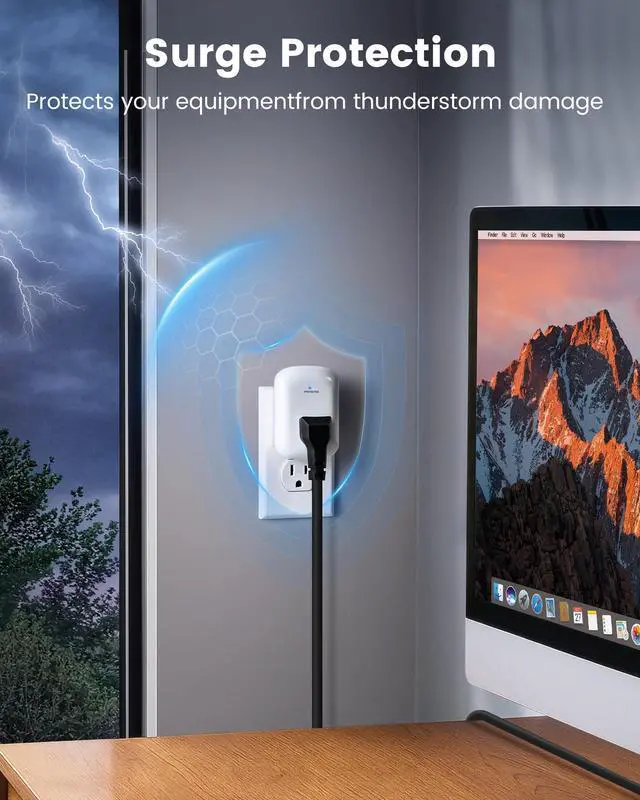 Alt view image 2 of 6 - Single Outlet Surge Protector 1470J Wall Surge Protector Outlet | 900V VPR,15A/1875W Ground Protected Light Indicator for TV, Fridge, Microwave, Garage, Computer, Workshop, 2 Pack