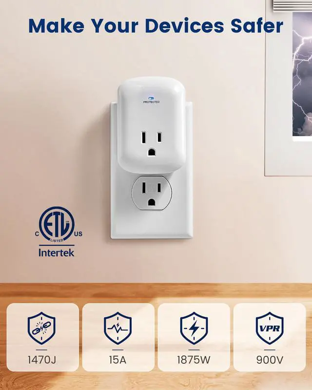 Alt view image 5 of 6 - Single Outlet Surge Protector 1470J Wall Surge Protector Outlet | 900V VPR,15A/1875W Ground Protected Light Indicator for TV, Fridge, Microwave, Garage, Computer, Workshop, 2 Pack