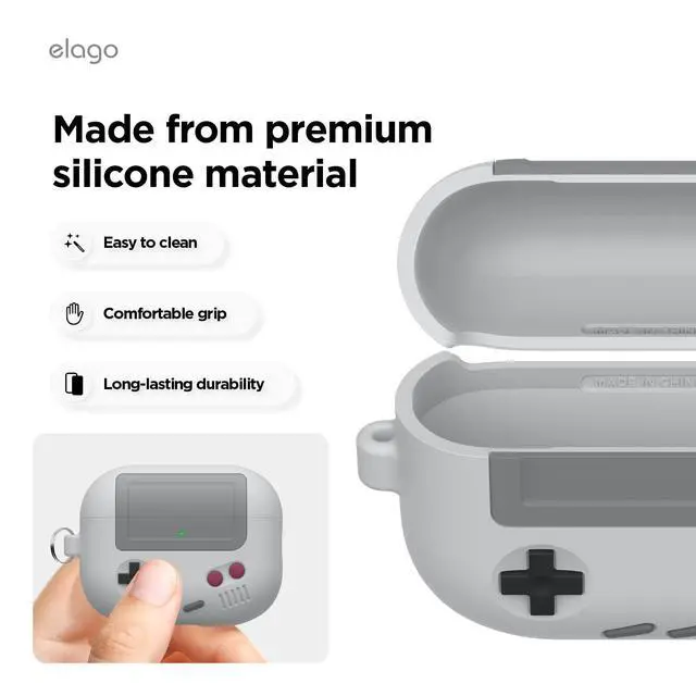 Alt view image 4 of 7 - AW5 Case for AirPods Pro 3 | Classic Retro Handheld Game Console Design Case, Carabiner Included (Light Grey)