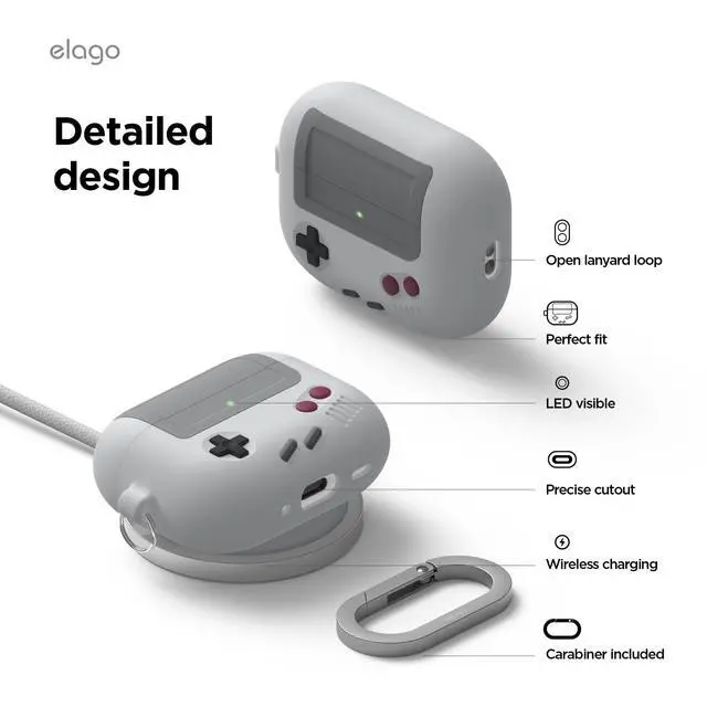 Alt view image 5 of 7 - AW5 Case for AirPods Pro 3 | Classic Retro Handheld Game Console Design Case, Carabiner Included (Light Grey)
