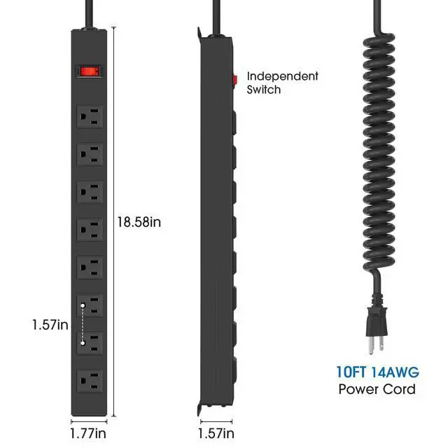 Alt view image 2 of 7 - Heavy Duty Power Strip, Spring Cord, 10FT, 2 | 8 Outlets Power Strip, Surge Protector Power Strip with Switch, 14AWG Extension Cord