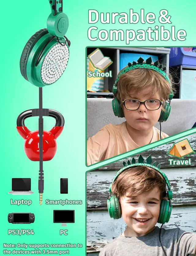 Alt view image 3 of 7 - Kids Headphones,Dinosaurs Wired Headsets for Boys&Girls,Built-in Mic&On/Over Ear HD Stereo for Online Study/School/Tablet with Nylon Cable (Green)