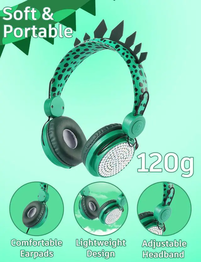 Alt view image 4 of 7 - Kids Headphones,Dinosaurs Wired Headsets for Boys&Girls,Built-in Mic&On/Over Ear HD Stereo for Online Study/School/Tablet with Nylon Cable (Green)