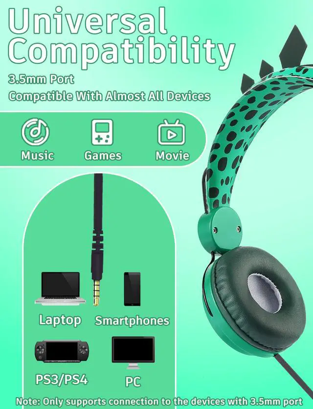 Alt view image 7 of 7 - Kids Headphones,Dinosaurs Wired Headsets for Boys&Girls,Built-in Mic&On/Over Ear HD Stereo for Online Study/School/Tablet with Nylon Cable (Green)