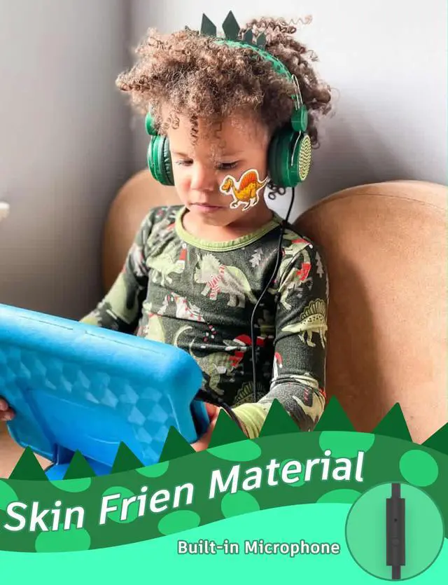 Alt view image 5 of 7 - Kids Headphones,Dinosaurs Wired Headsets for Boys&Girls,Built-in Mic&On/Over Ear HD Stereo for Online Study/School/Tablet with Nylon Cable (Green)