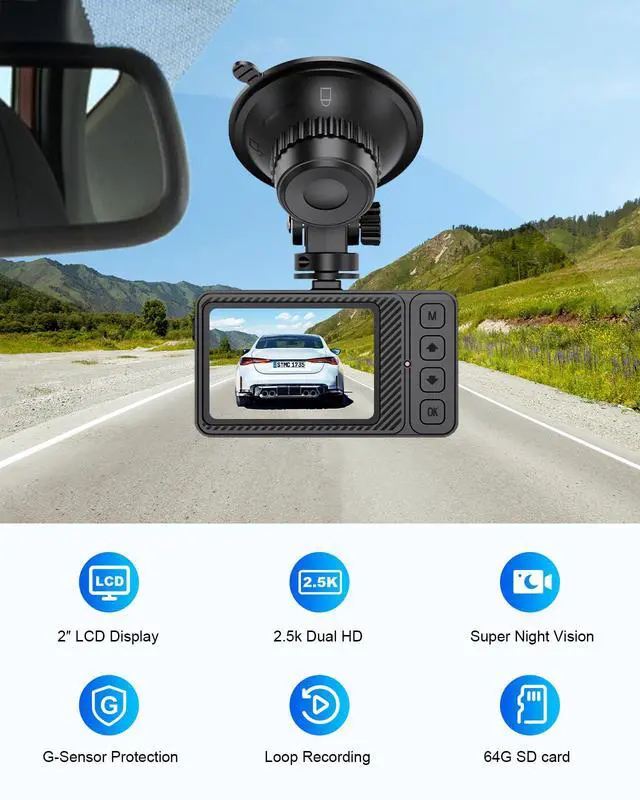 Alt view image 2 of 7 - Dash Cam Front and Rear, 2.5K+1080P Dual Dash Camera for Cars, 2 Display Mini Car Camera, G-Sensor Dashcam, Night Vision, 24H Parking Mode, Loop Recording, 170°Wide Angle, 64GB Card Included