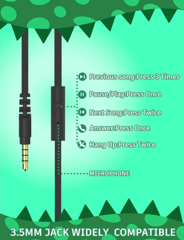 Alt view image 6 of 7 - Kids Headphones,Dinosaurs Wired Headsets for Boys&Girls,Built-in Mic&On/Over Ear HD Stereo for Online Study/School/Tablet with Nylon Cable (Green)