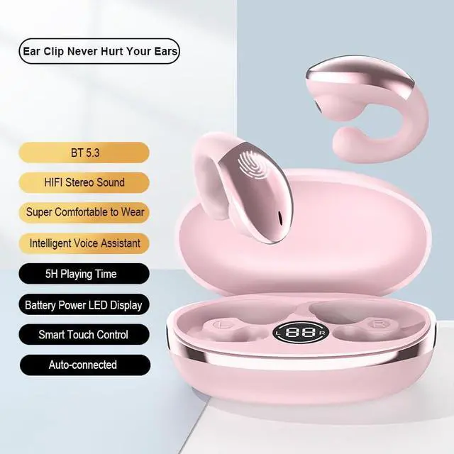Alt view image 4 of 4 - Open Ear Headphones, Clip-On Wireless Earbuds, Bluetooth 6.0 Wireless Earbuds, Ultra-Comfort, Snug Fit, Clear Calls, Lightweight (Pink)